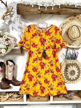 Mustard yellow boho floral dress w ruffles resort vacay beach vibe